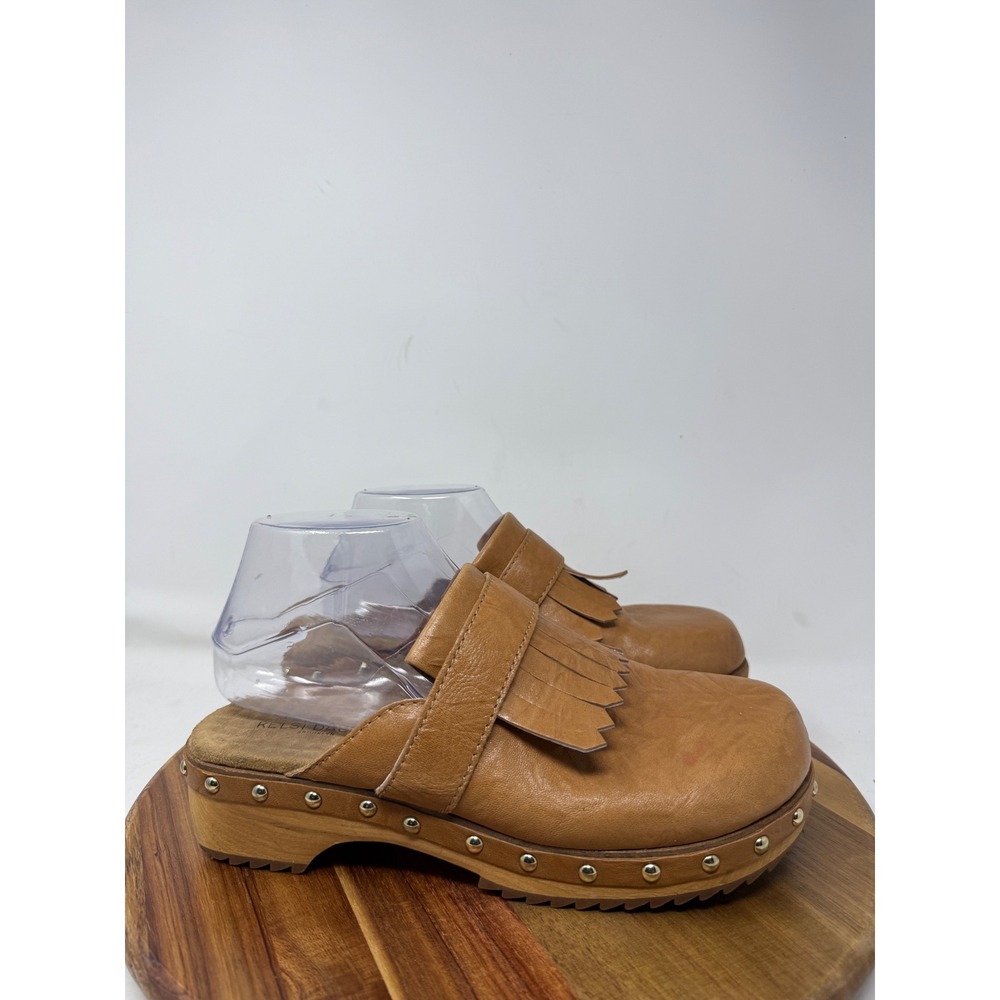 Kelsi Dagger Brooklyn Tan Leather Studded Kiltie Fringe Wood Clogs 7.5